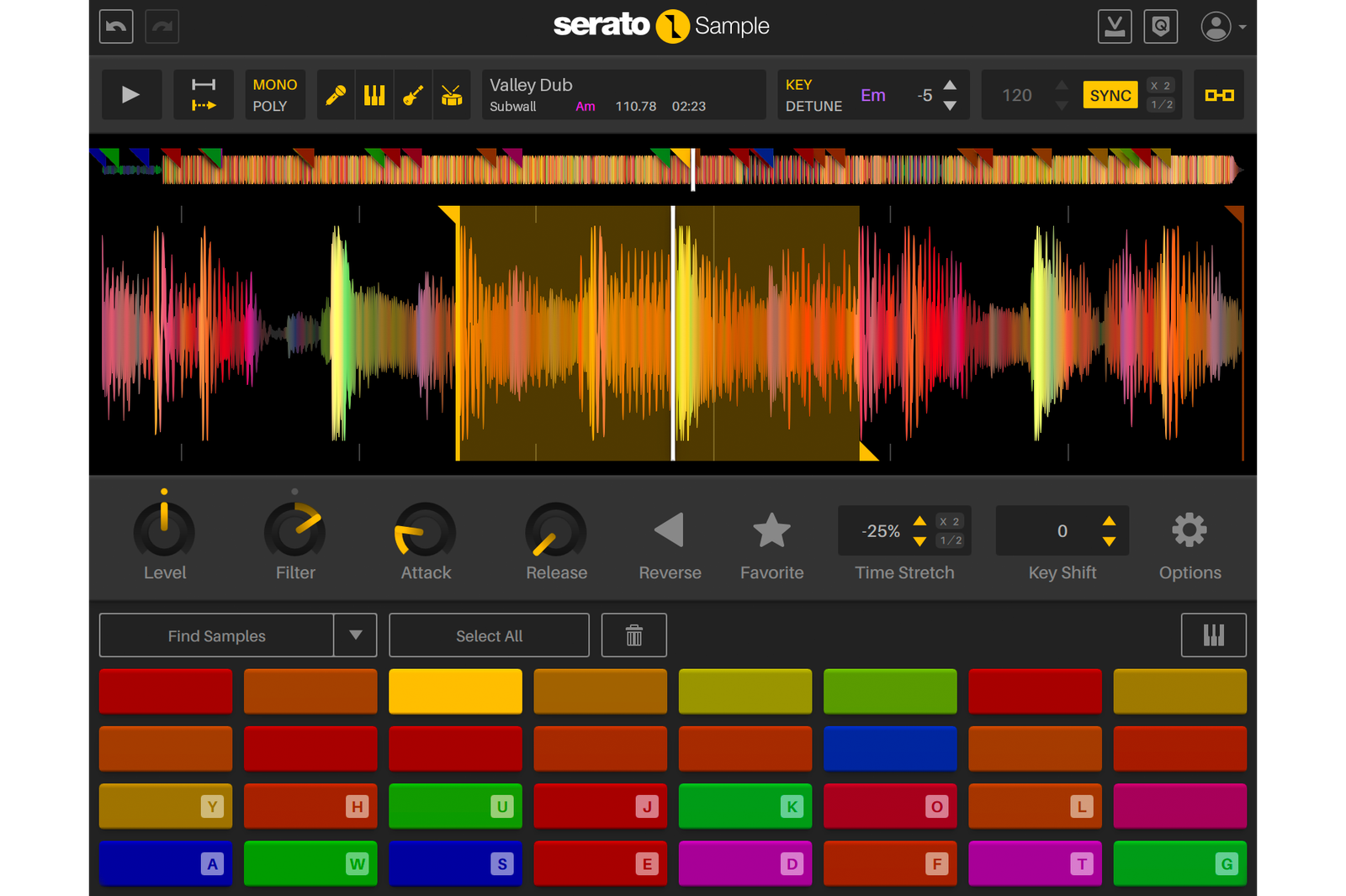 Serato Sample interface with a colour-coded waveform, cue pads and sample controls