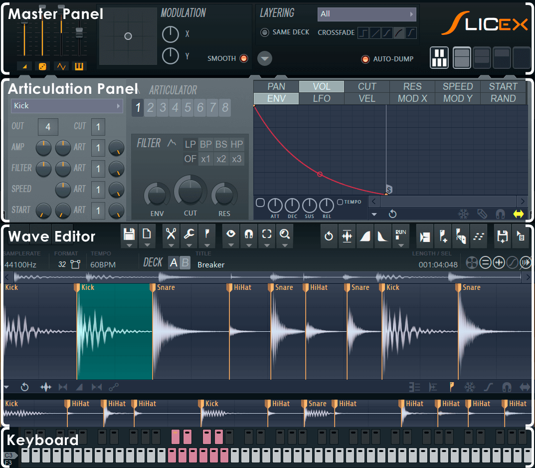 Slicex interface showing waveform regions, deck selectors and articulation controls