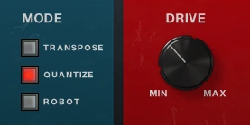 Little AlterBoy detail showing Transpose, Quantize, Robot and Drive controls