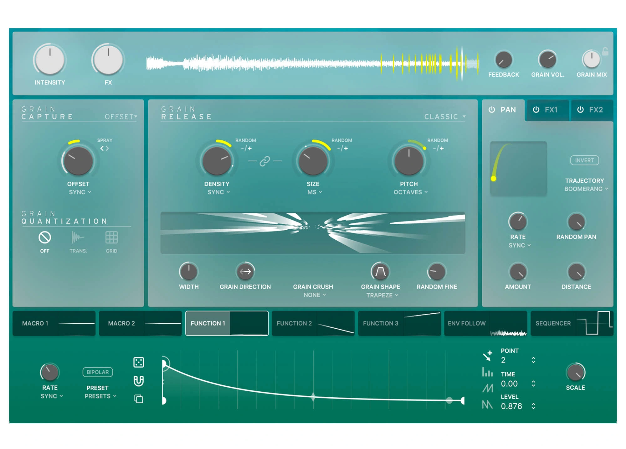 Efx FRAGMENTS advanced view with randomness collars, grain settings and modulation functions