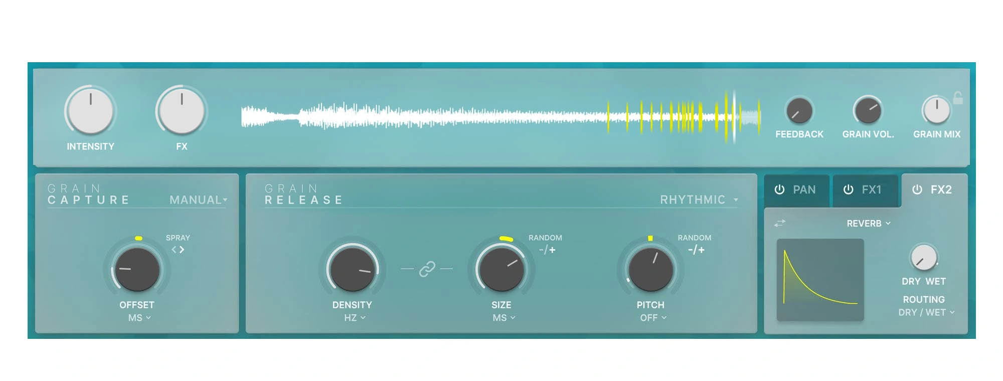 Arturia Efx FRAGMENTS interface showing the buffer waveform, grain capture, release and effects