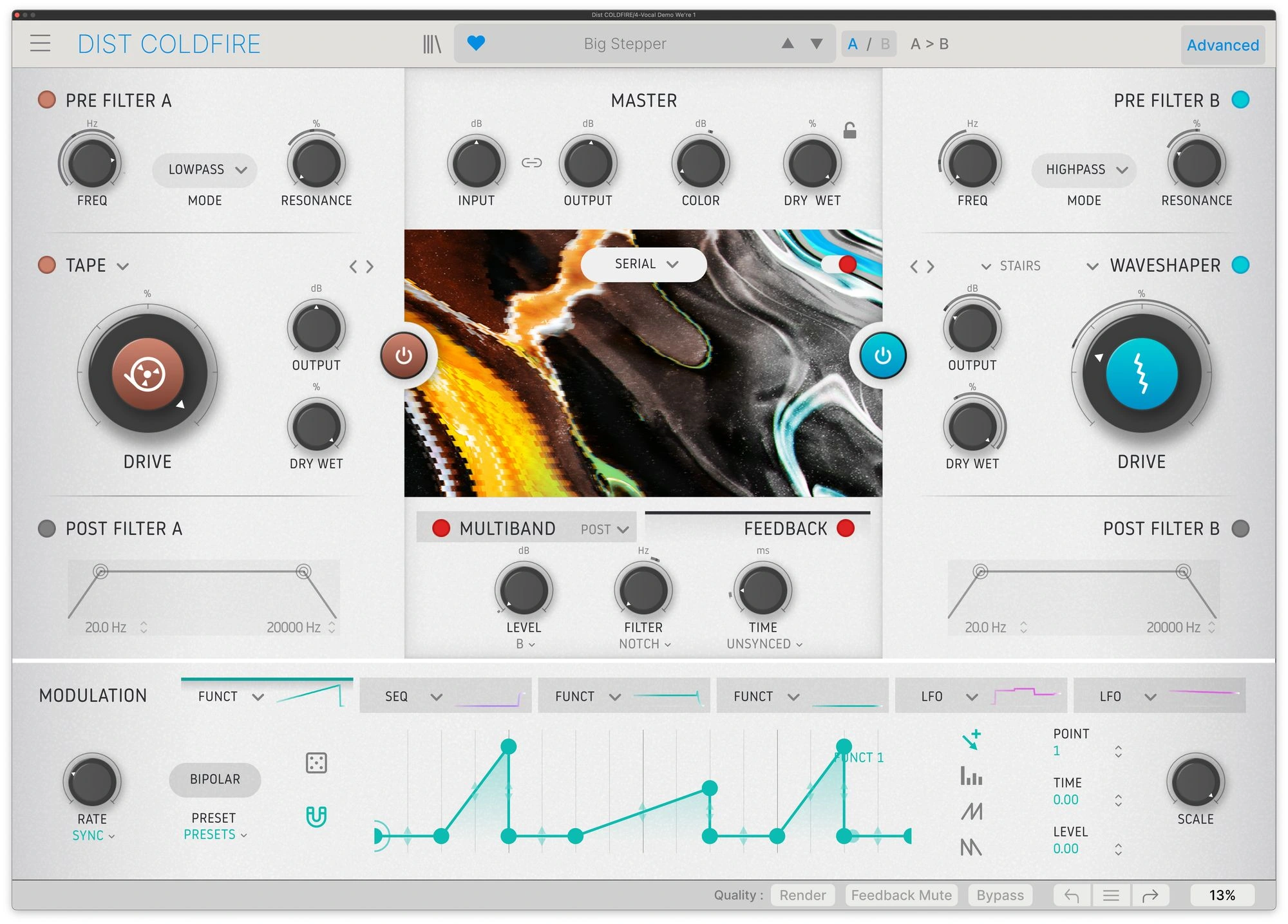 Dist COLDFIRE expanded interface showing filters, dynamics, feedback and modulation controls