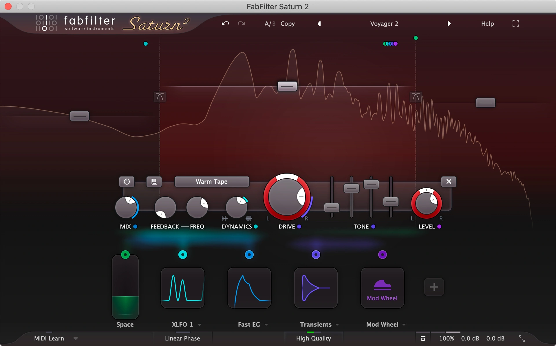 FabFilter Saturn 2 interface showing multiband processing, Drive, Tone and modulation sources