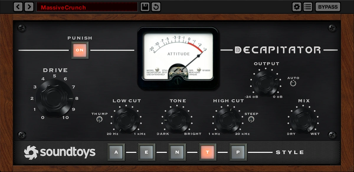 Soundtoys Decapitator interface with Drive, Punish, tone controls, Mix and five saturation styles
