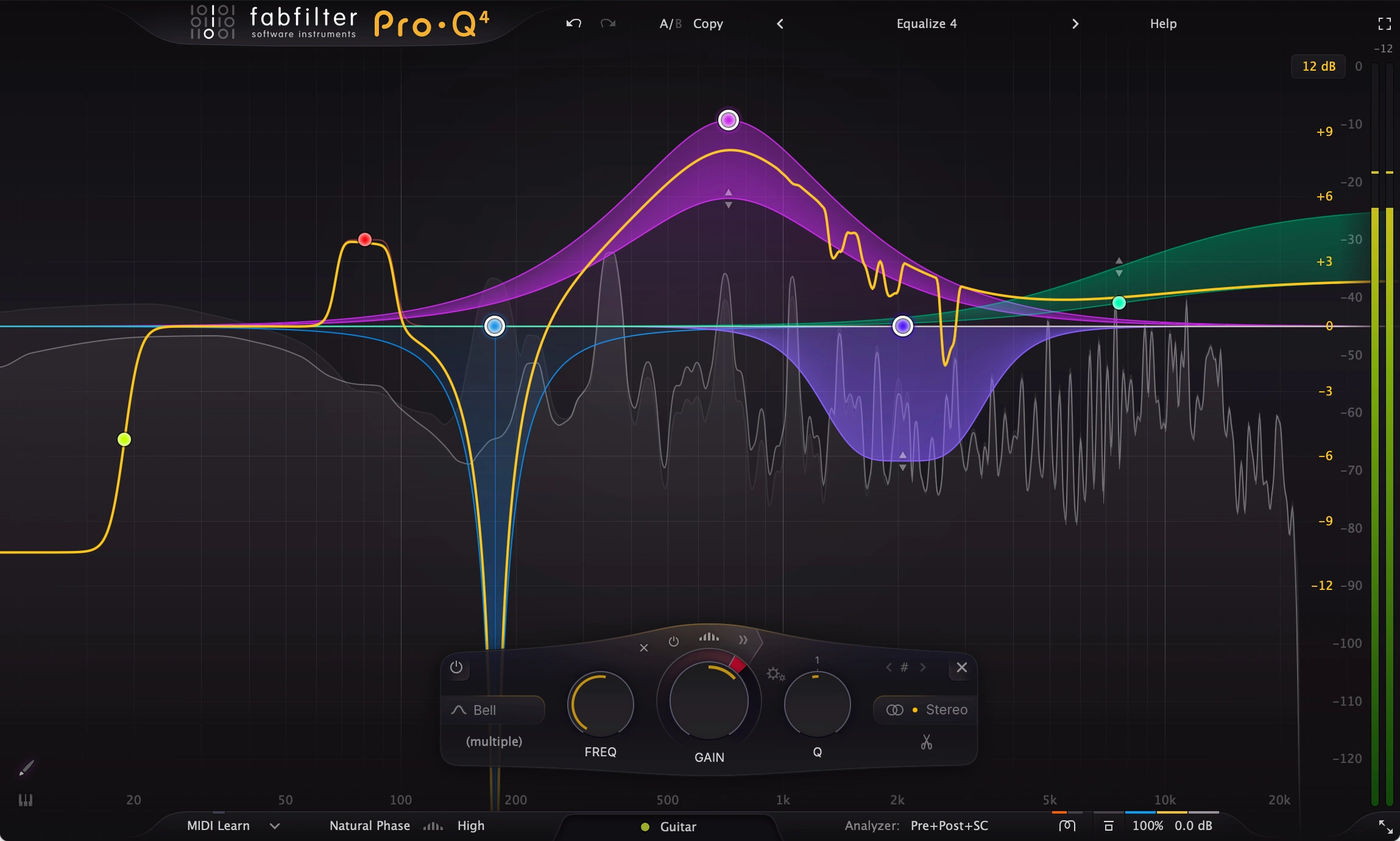 FabFilter Pro-Q 4 interface with EQ bands, spectrum analyzer and dynamic-range controls