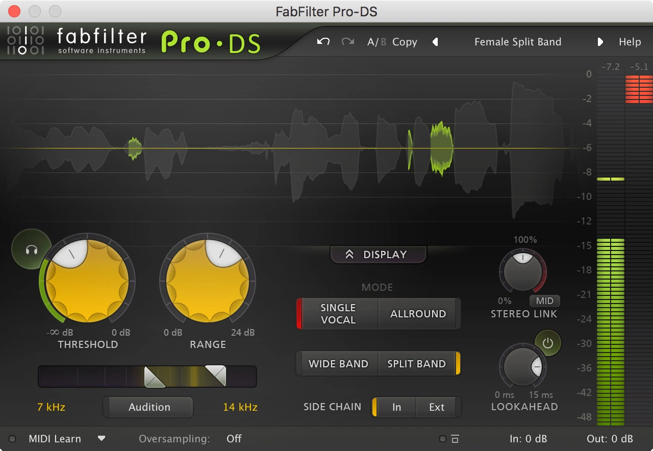 FabFilter Pro-DS interface with Threshold, Range, Single Vocal mode and trigger-frequency controls