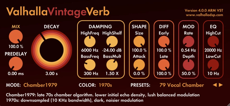 Valhalla VintageVerb 4 interface showing Chamber1979 mode and 1970s Color