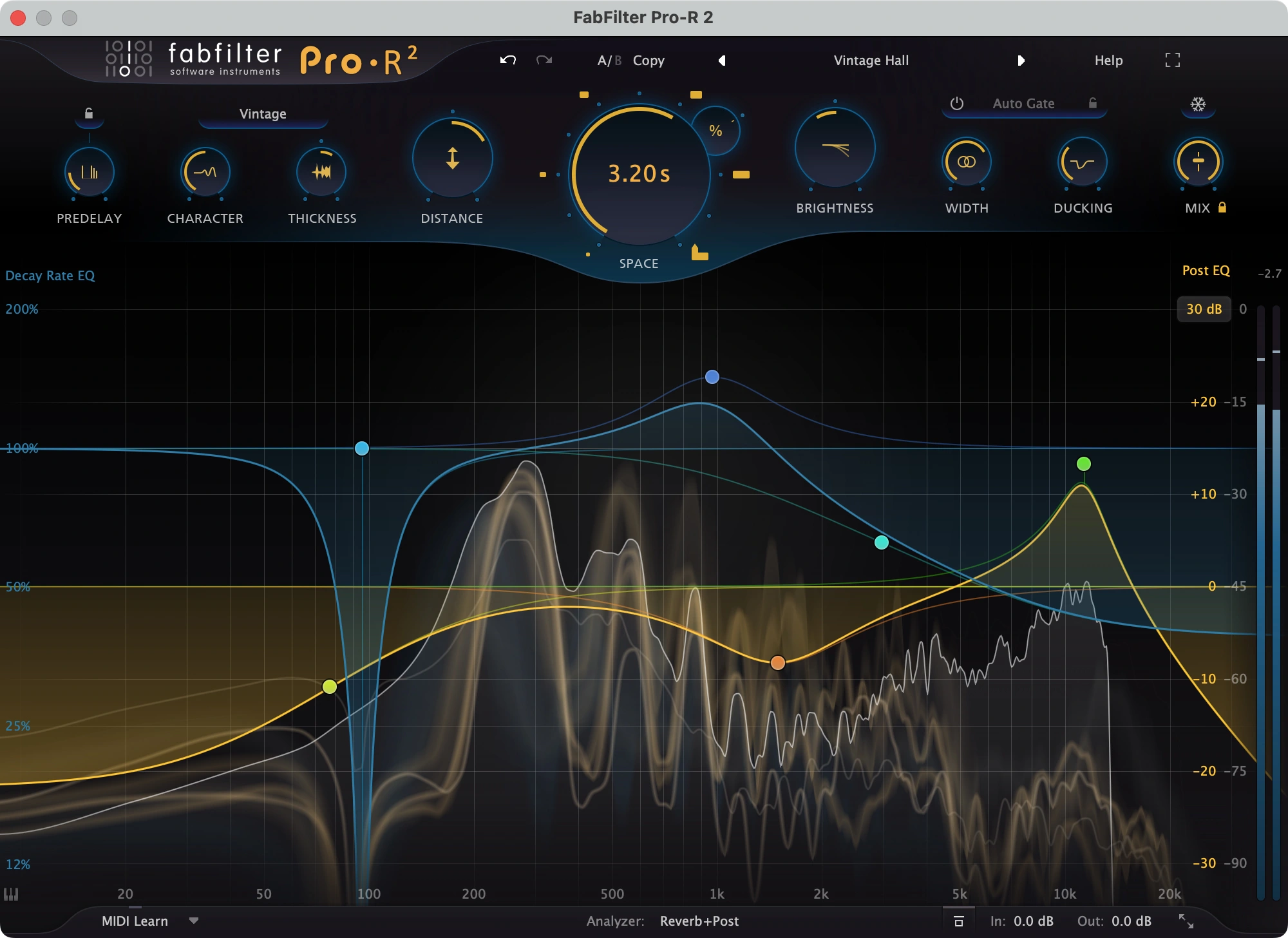 FabFilter Pro-R 2 interface showing Vintage style, Decay Rate EQ, Post EQ and Ducking