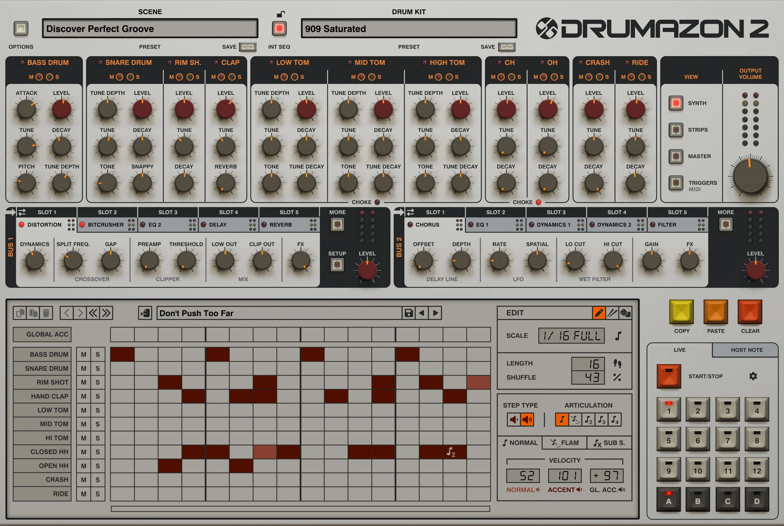 Drumazon 2 synth view with drum controls, effects buses and the pattern sequencer