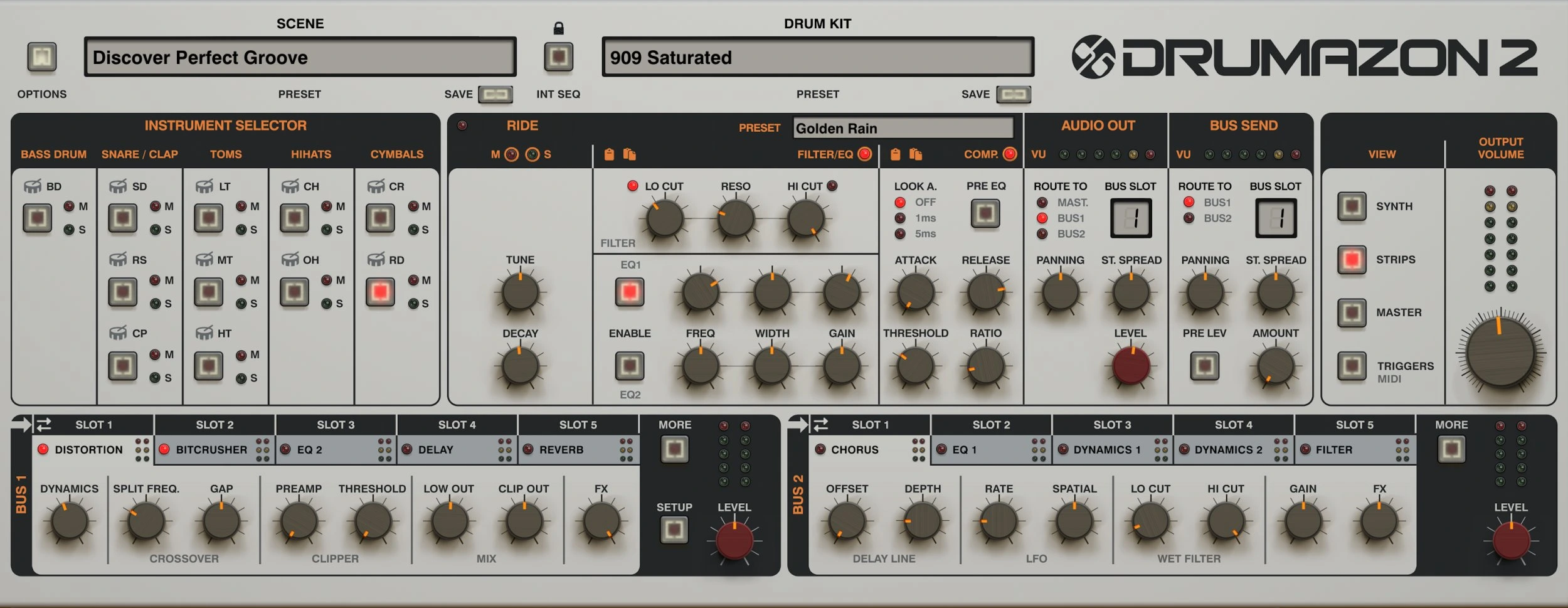 Drumazon 2 channel-strip view showing instrument EQ, compression and bus routing
