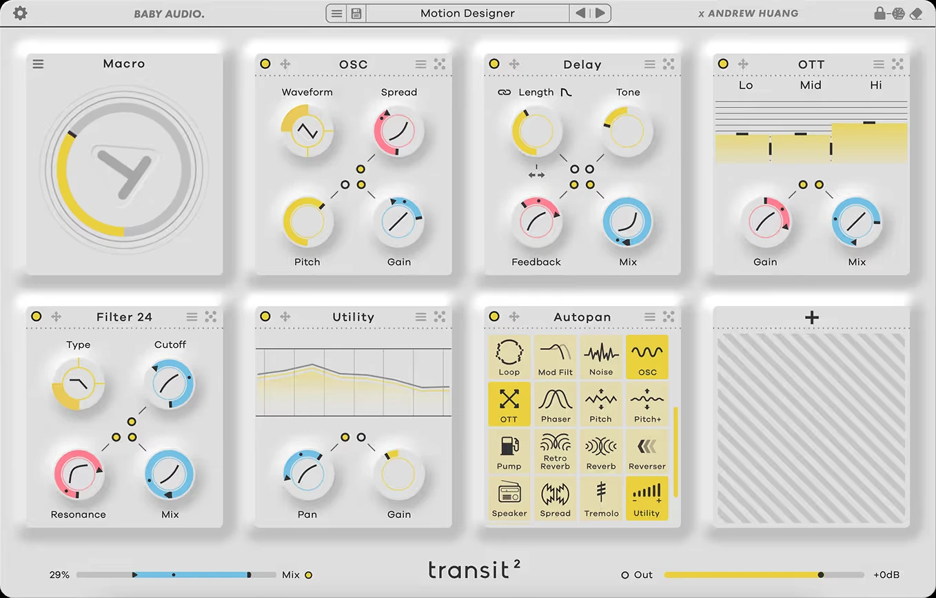 Transit 2 interface showing the Macro control and modular effects layout