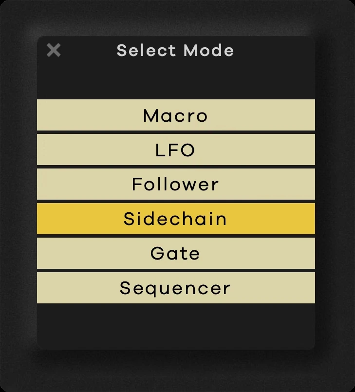 Transit 2 mode menu listing Macro, LFO, Follower, Sidechain, Gate and Sequencer