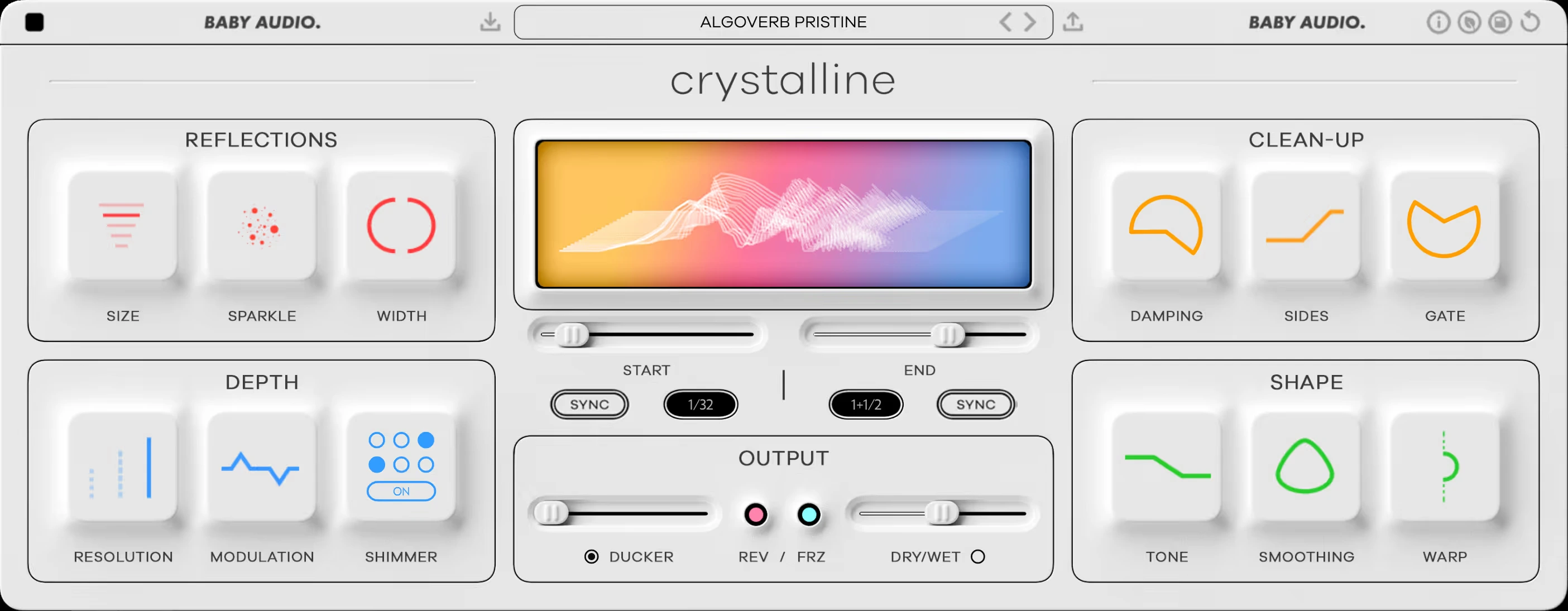 Crystalline reverb interface with timing, reflections, depth, cleanup, shape and output sections