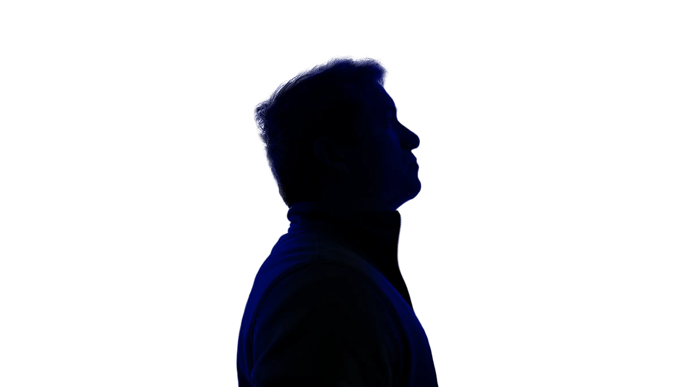 Side profile silhouette of a man against a black background, illuminated with blue lighting.