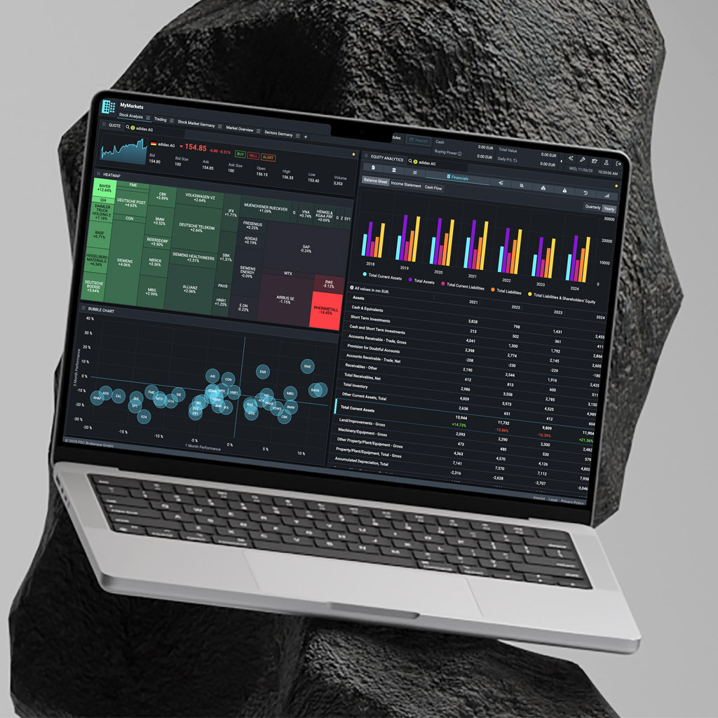 Laptop displaying a financial dashboard with stock heatmap, bubble chart, and bar graph of financial data.
