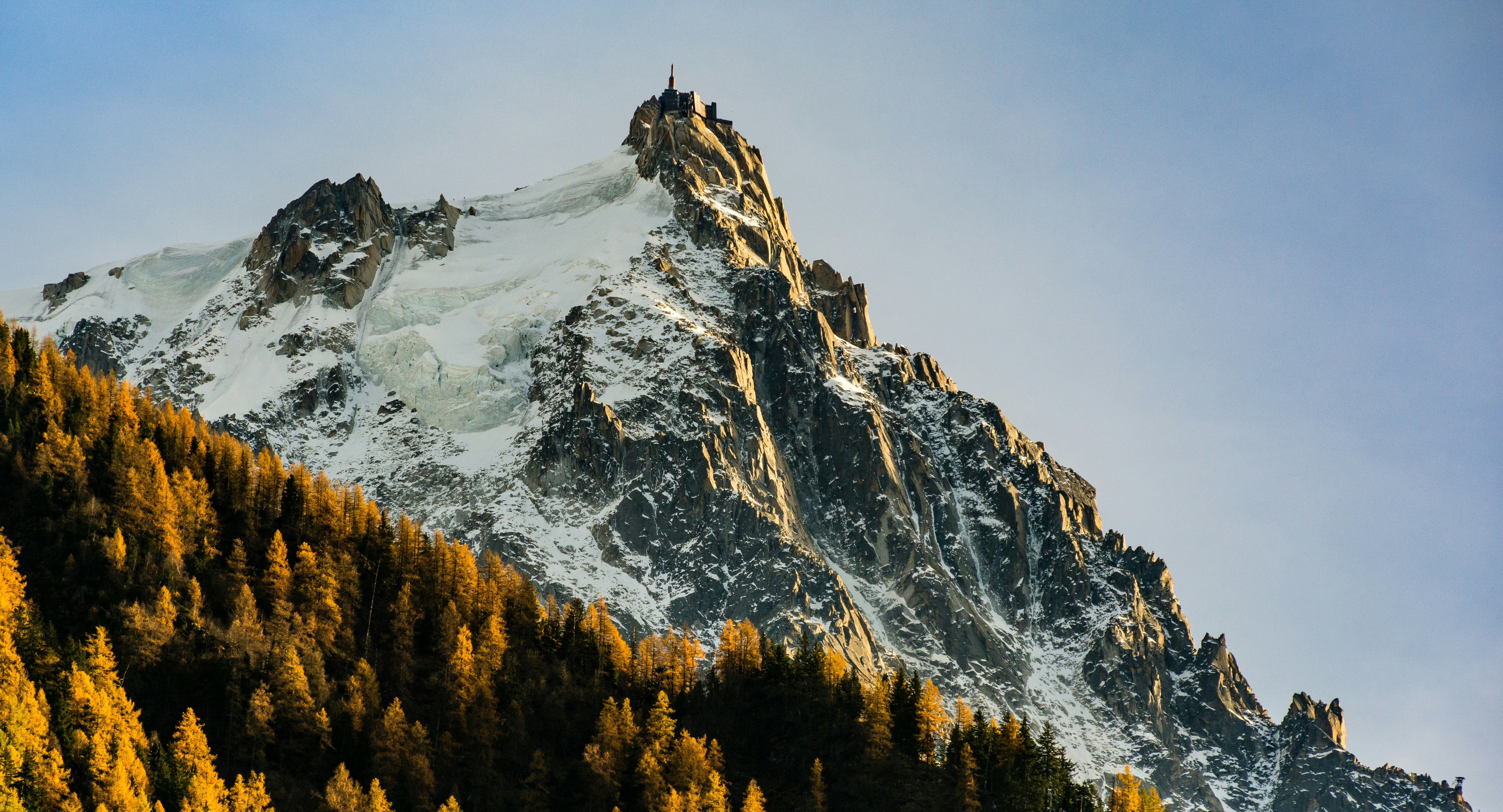 Schneebedeckter Berggipfel mit orange beleuchteten Nadelbäumen im Vordergrund unter klarem Himmel.
