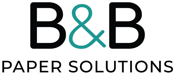 Logo B&B Papierlösungen mit großem B, einem grünen &-Zeichen und dem Text Paper Solutions darunter.