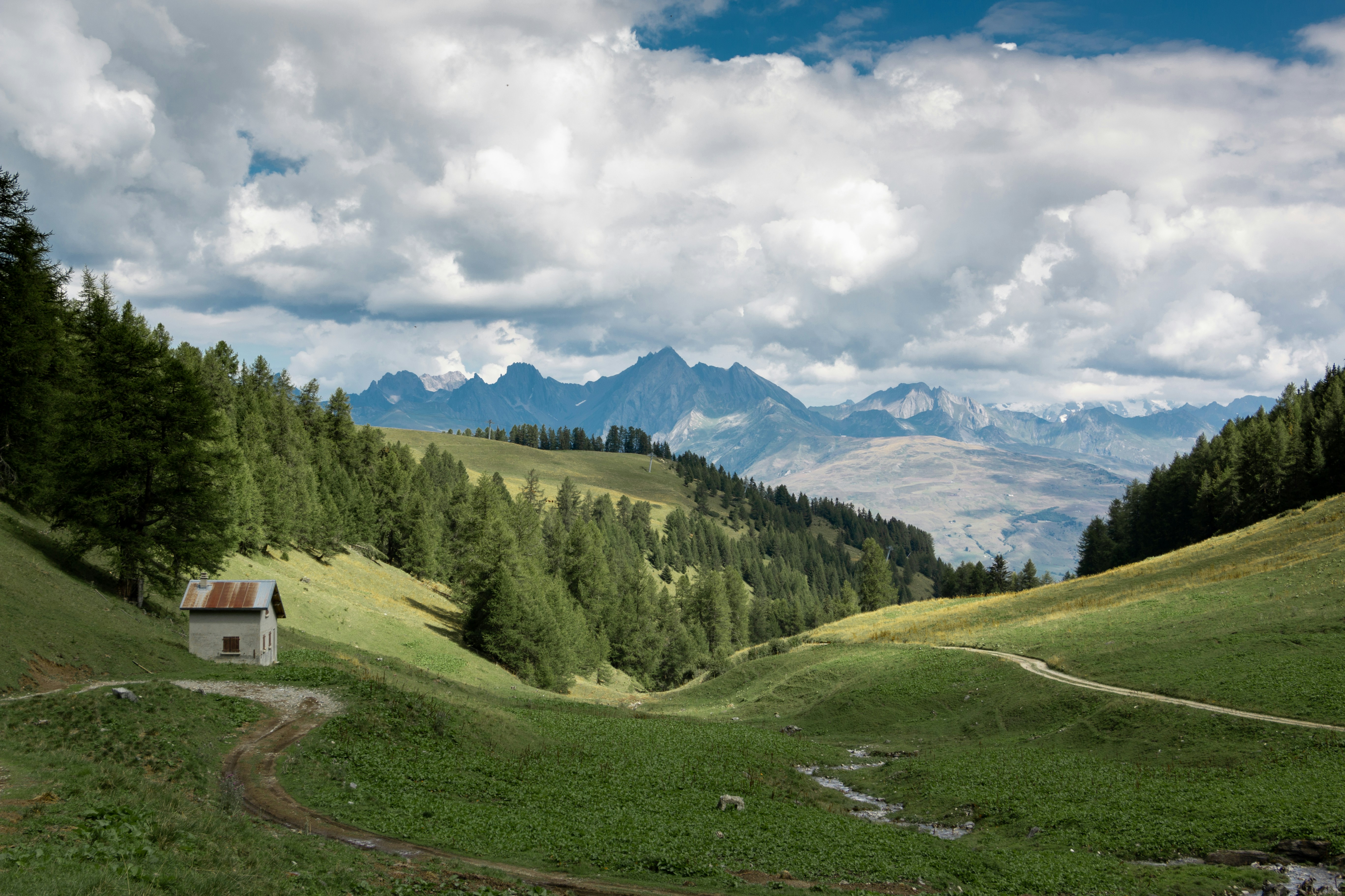 Landschaft mit grünen Hügeln, einem kleinen Haus, Nadelbäumen und Bergen unter bewölktem Himmel.