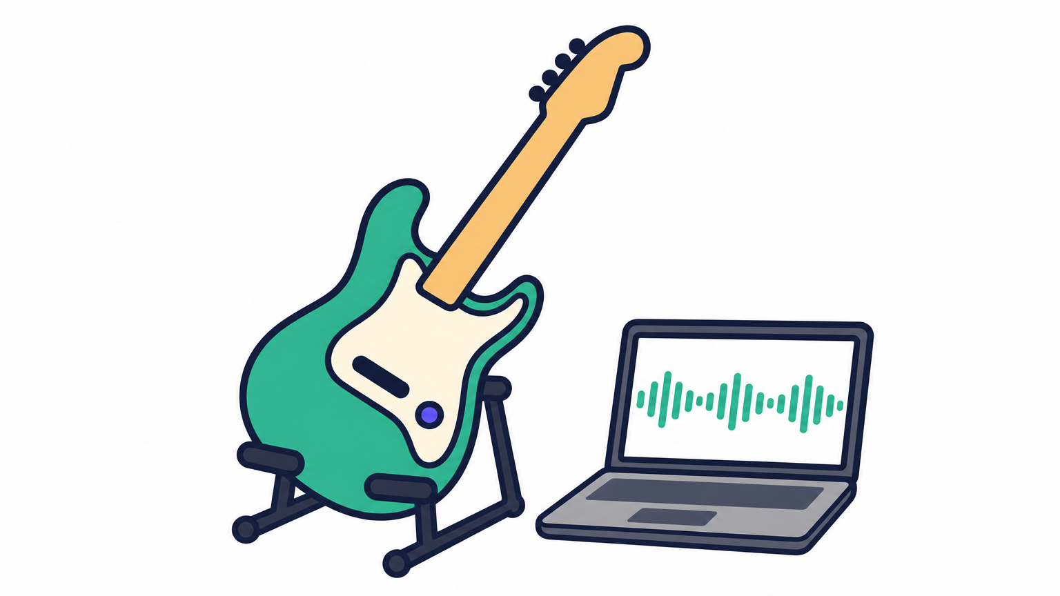 An electric guitar with a single-coil pickup sits near a laptop displaying music software.