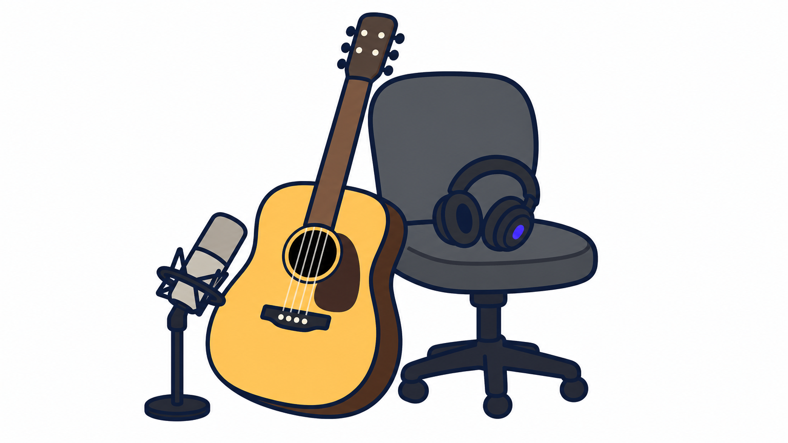 An acoustic dreadnought guitar leans against a chair with a nearby microphone and headphones.