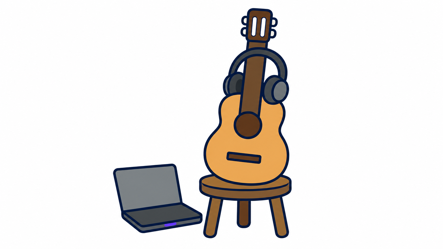 A nylon-string classical guitar rests on a stool with headphones hanging from its neck.