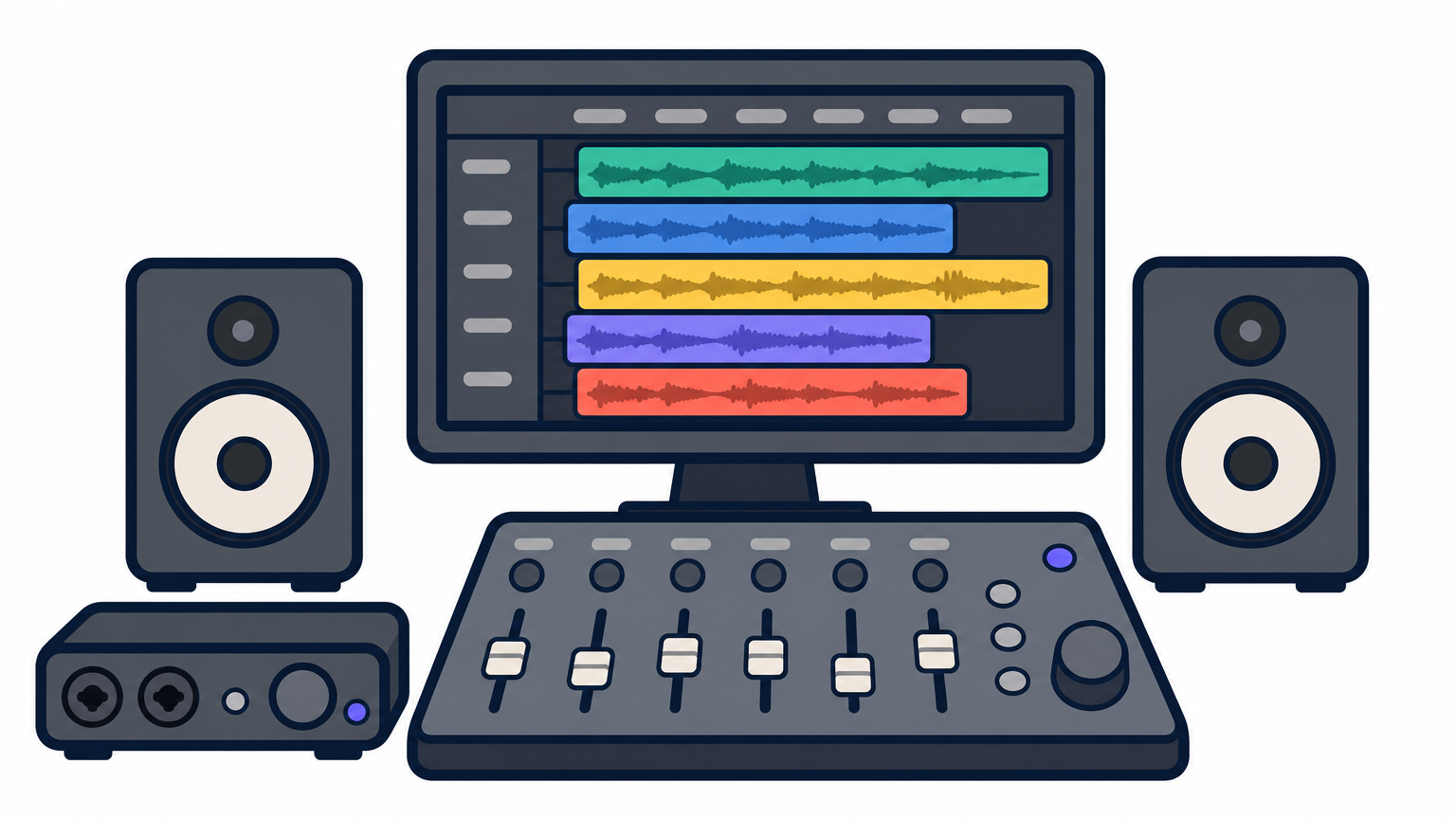 Studio desk with monitor speakers and a screen displaying stacked audio waveform stems.