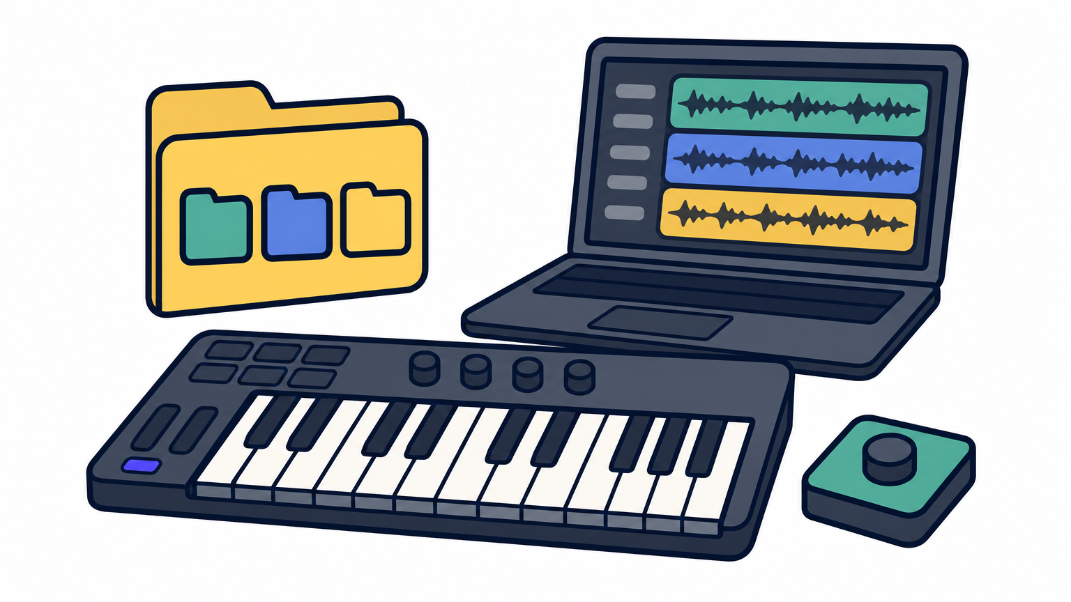 Desktop folder of genre-labeled sample packs next to a MIDI keyboard and laptop showing waveforms.