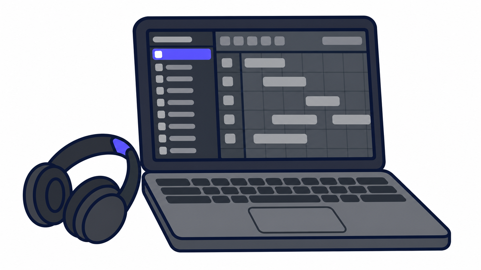 Laptop displaying FL Studio's browser panel with a sample library list and headphones nearby.