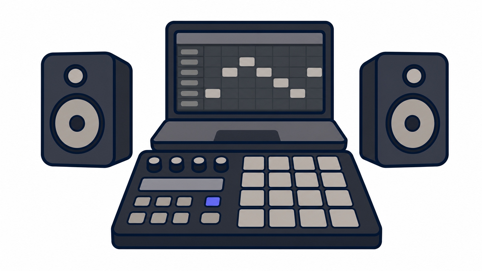 A desk shows a drum machine, laptop with a beat grid on screen, and studio monitor speakers.