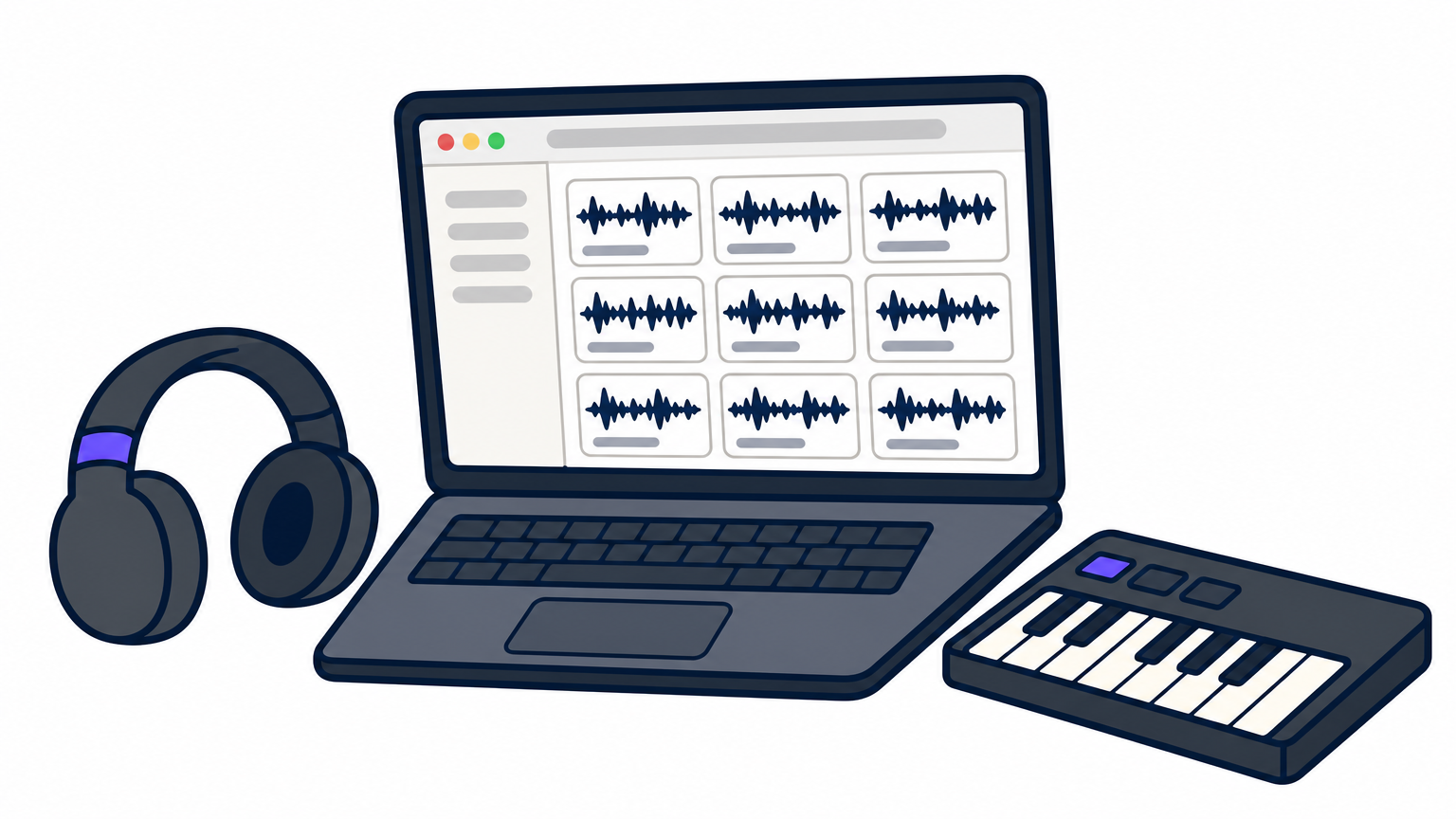 A laptop displays a sample library browser on a desk with headphones and a MIDI keyboard.