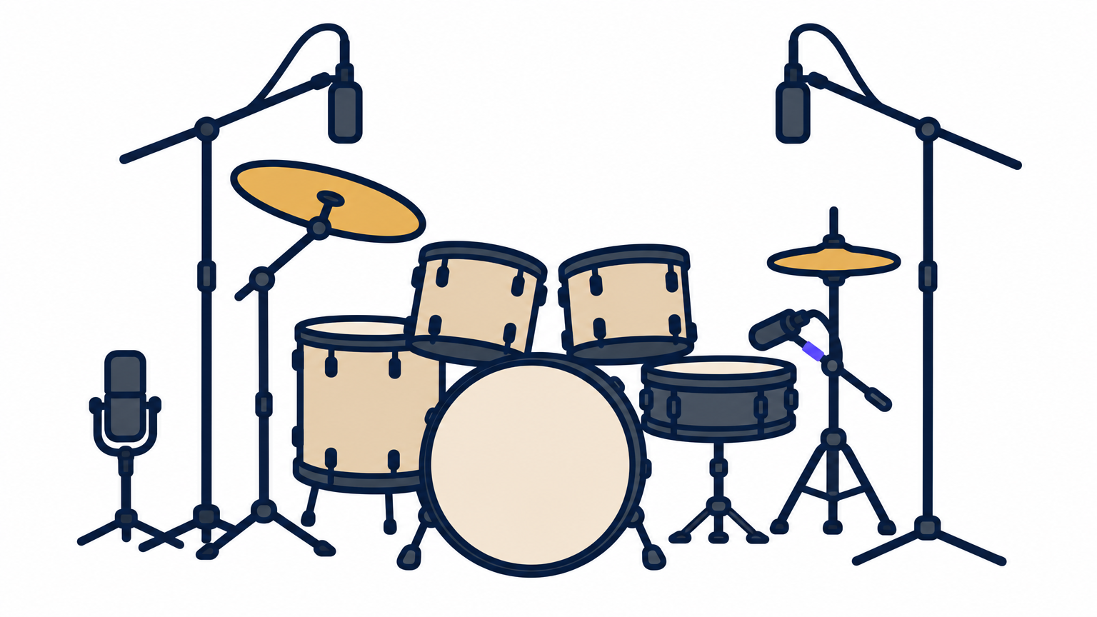 A drum kit in a studio room is surrounded by several microphones placed at different distances.