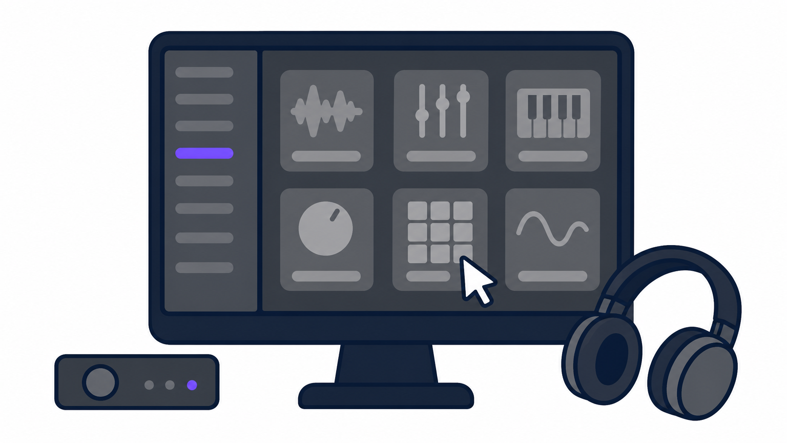 A desk view of a plugin browser list on a computer screen with headphones resting beside the keyboard.