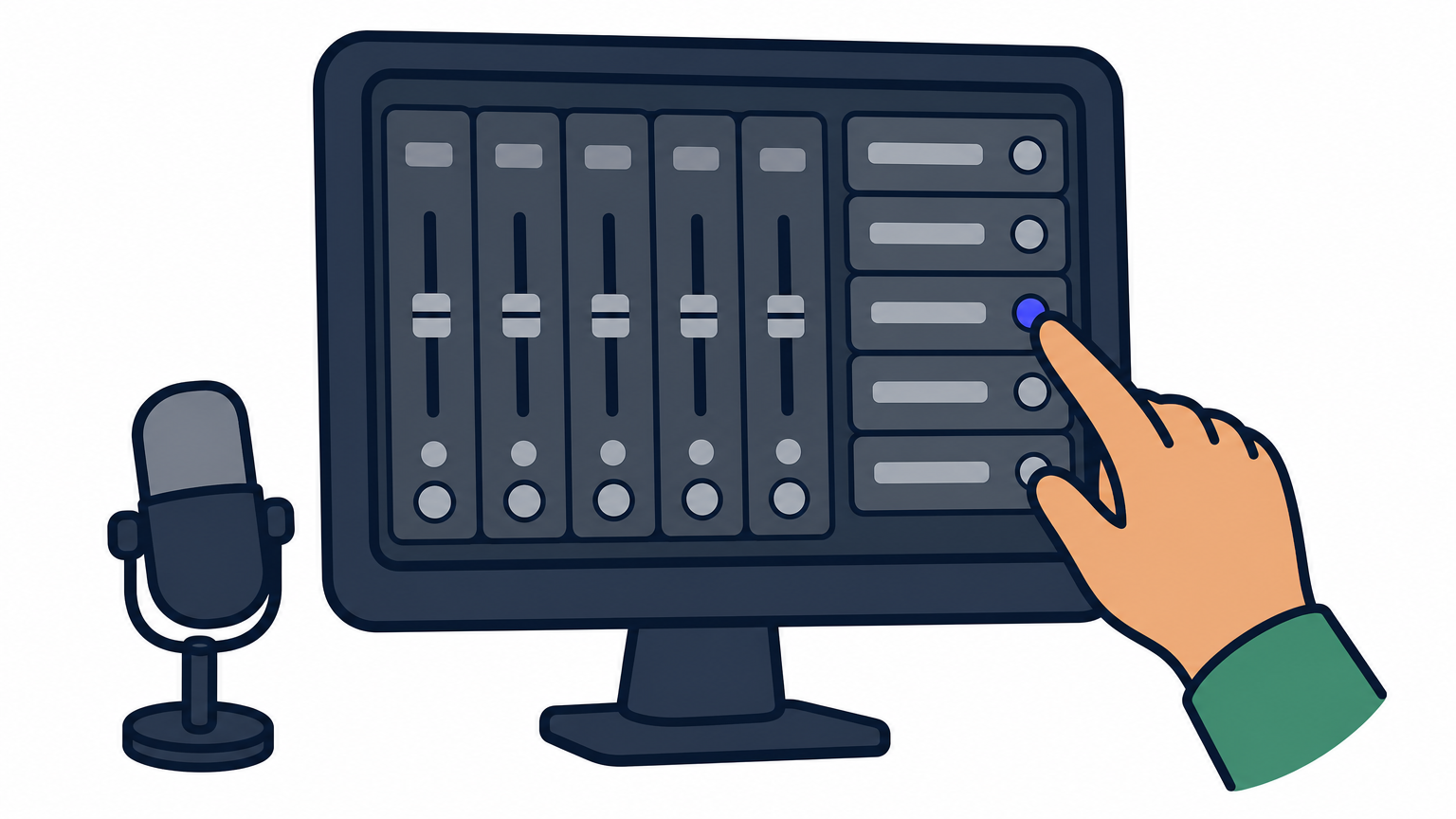 A studio monitor displaying a digital mixer with channel strips and a hand adjusting an effect slot.