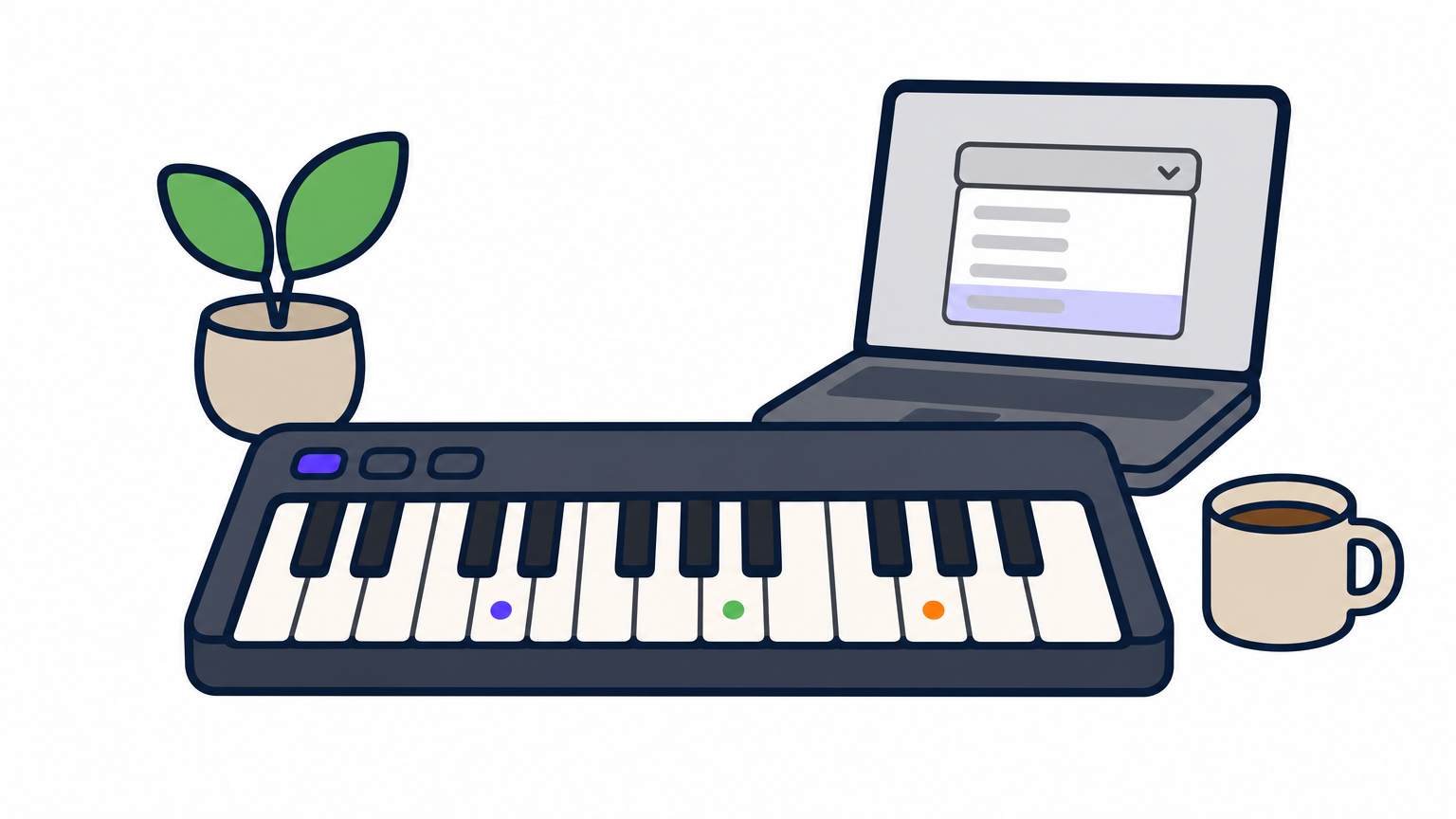 A piano keyboard next to a laptop displaying a scale selection menu with highlighted keys.
