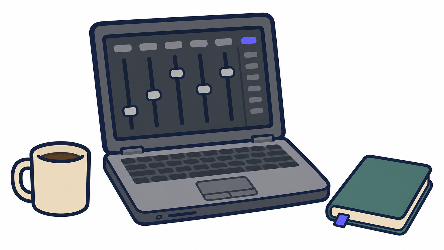 An aging laptop displaying a simple audio mixer sits on a cluttered desk with a coffee mug.