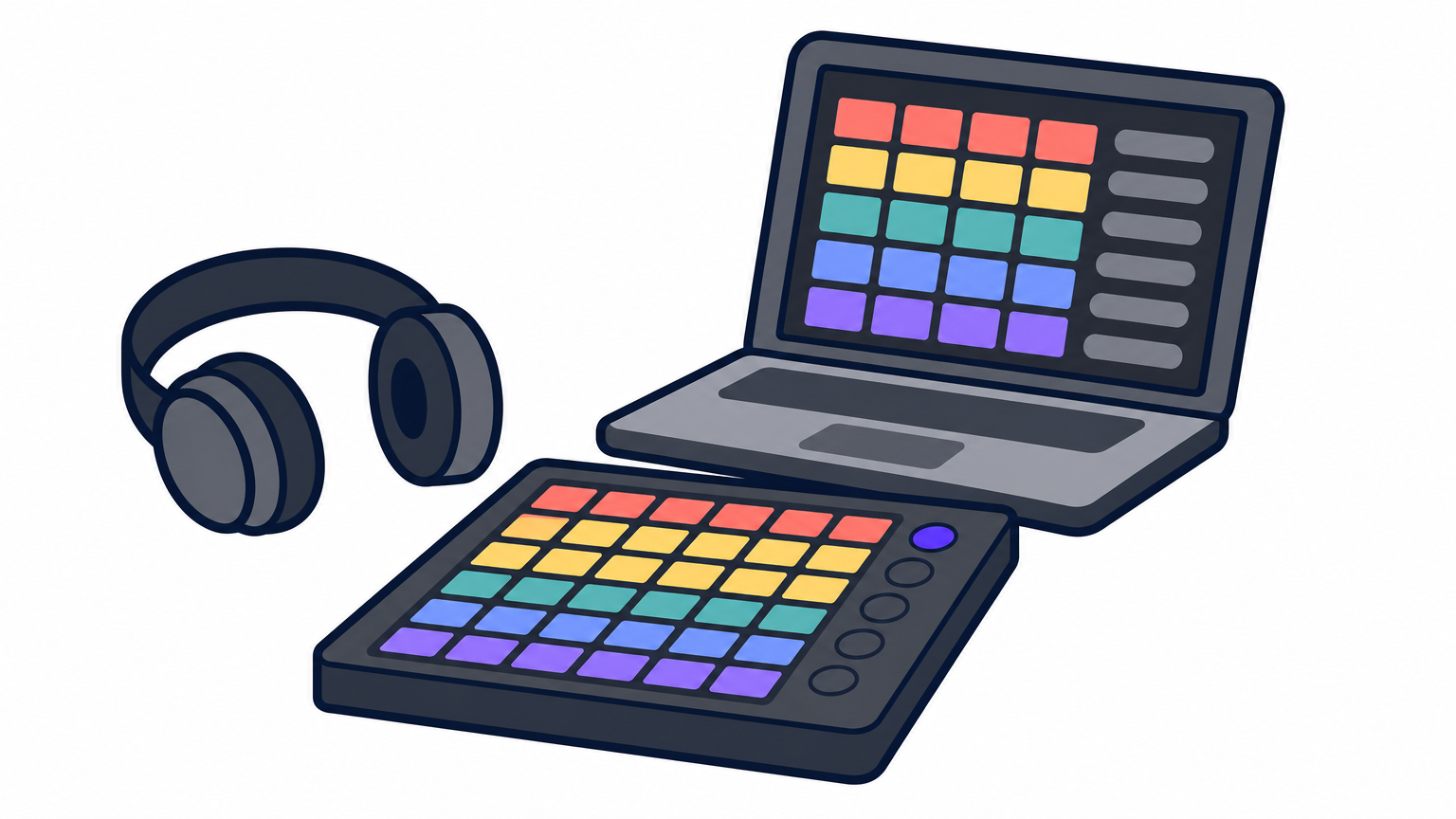 A Push hardware controller next to a laptop displaying a colorful clip-launching grid.