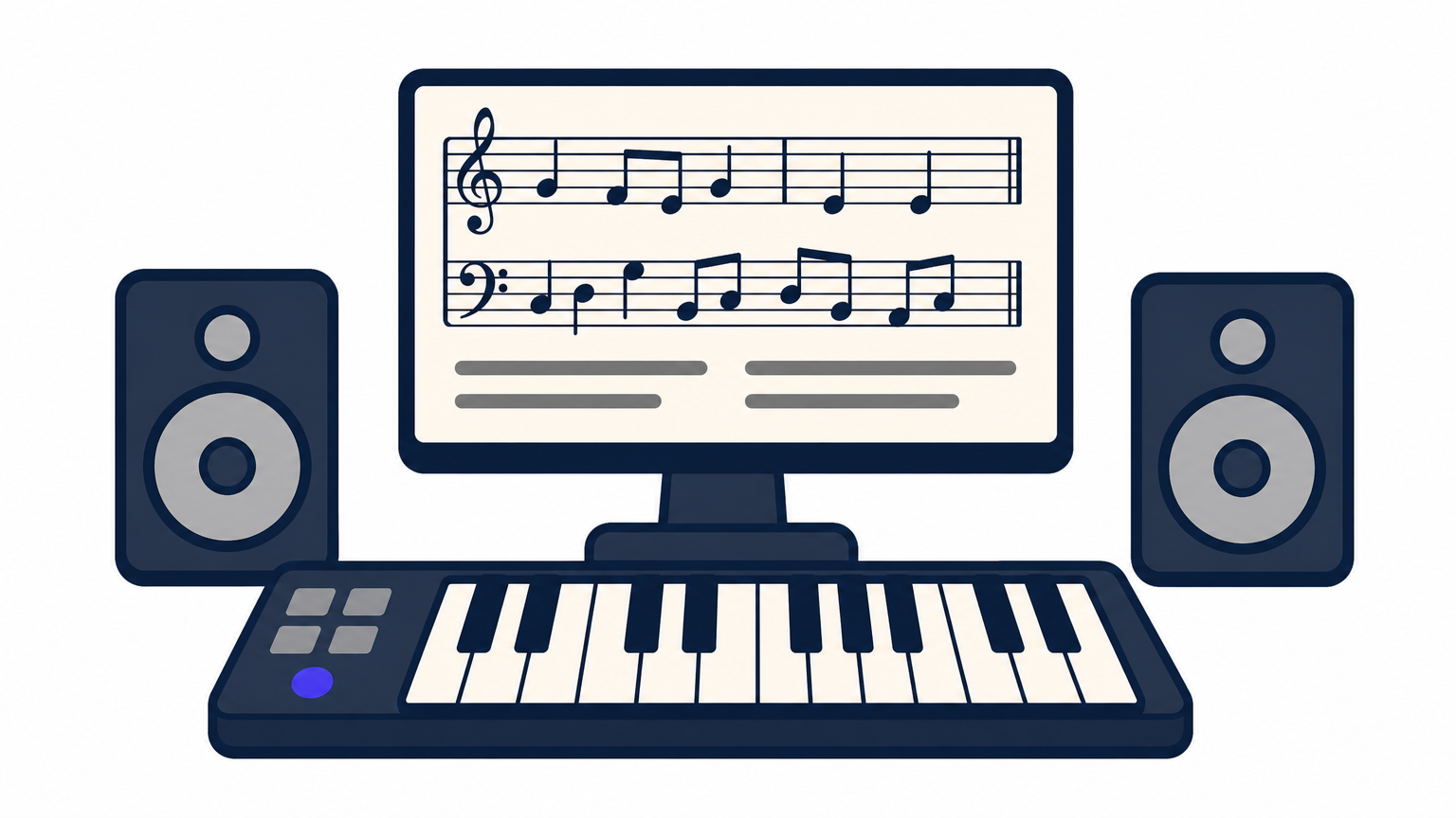 A studio desk with a piano controller, monitor speakers, and sheet music notation on screen.