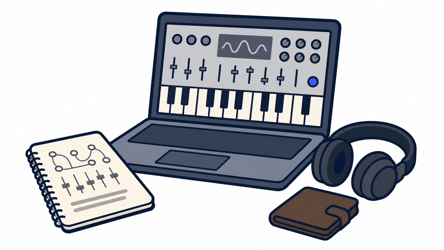A desk with a laptop, a notepad sketch of a patch, headphones, and a closed wallet.