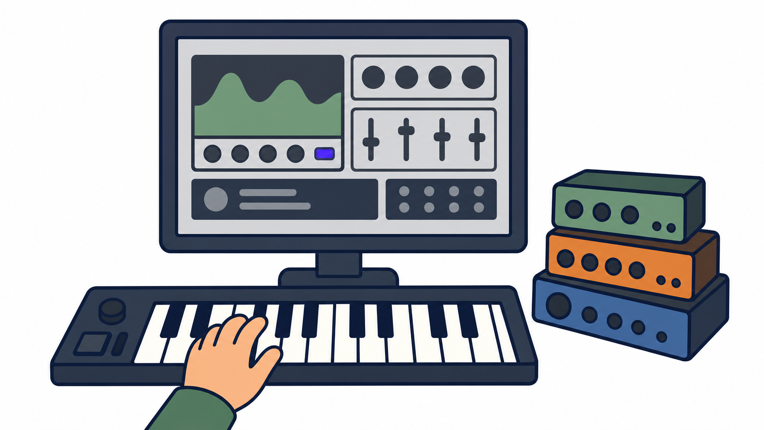 A producer at a desk using one synth on a monitor while extra effect boxes sit unused.
