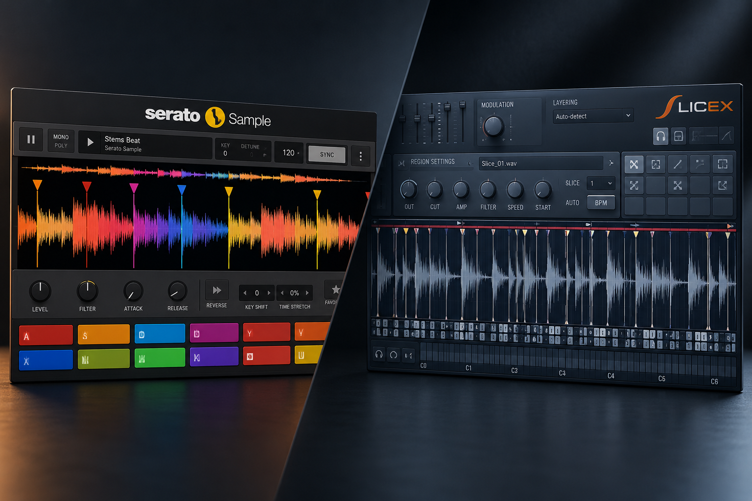 Amber and blue music studio with sampler pads and sliced audio waveforms, illustrating Serato Sample vs Slicex