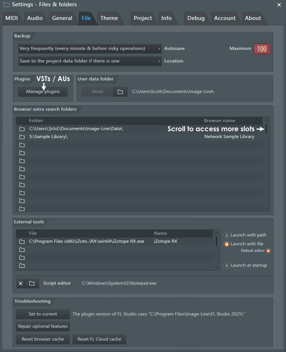 FL Studio File settings showing Browser extra search folders