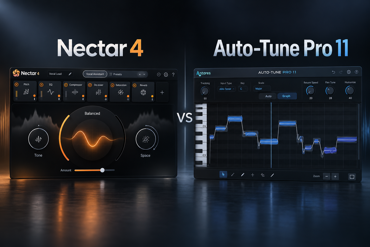 Illustrated Nectar 4 vocal chain and AutoTune Pro 11 pitch editor in a dark side-by-side comparison