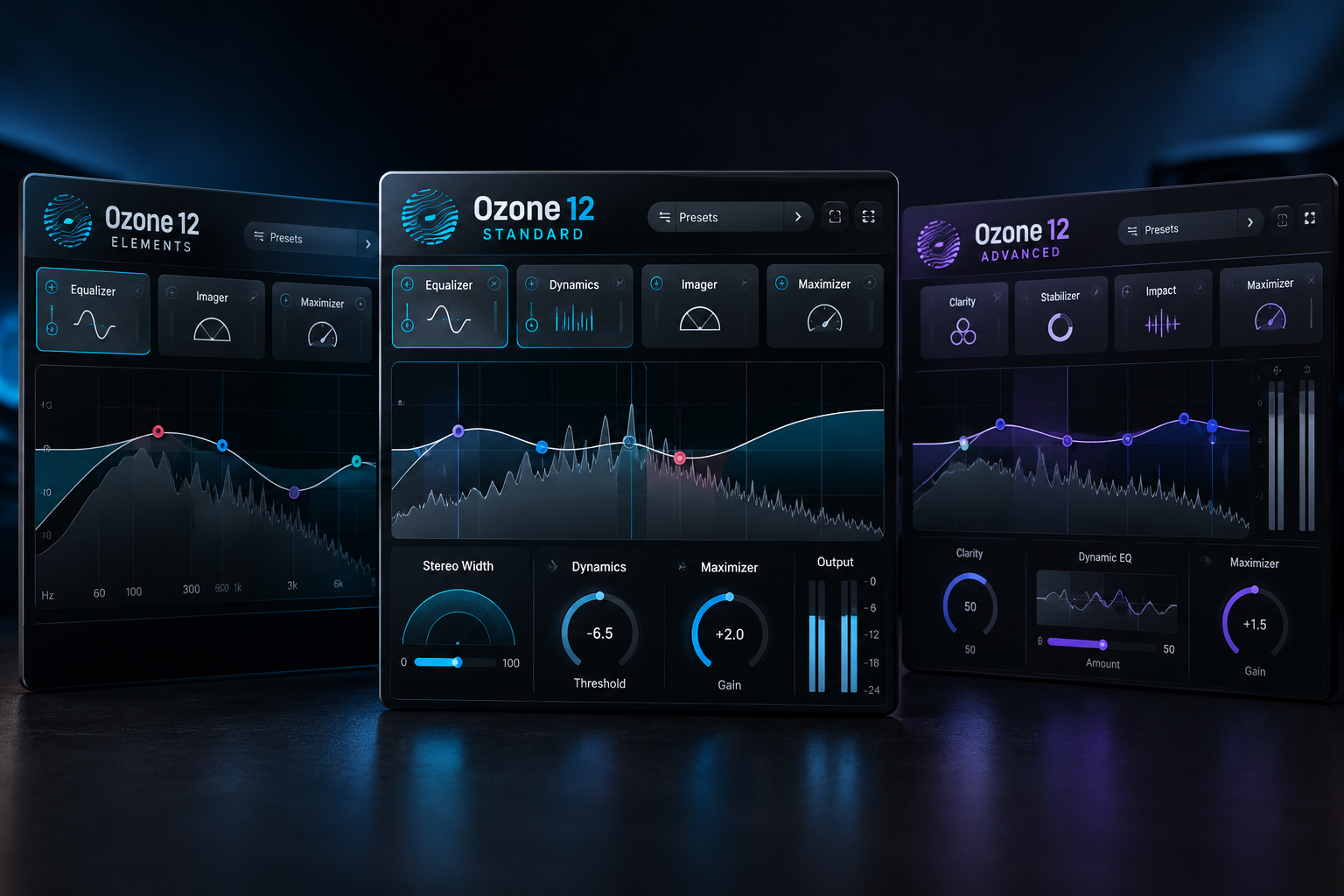 Dark illustrative comparison of Ozone 12 Elements Standard and Advanced mastering interfaces