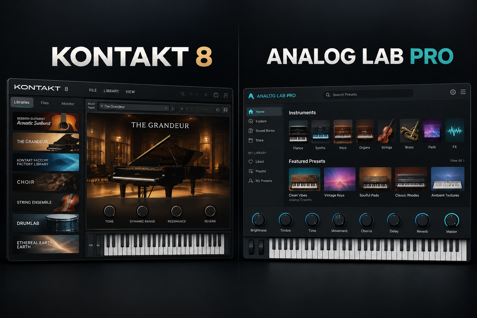Dark editorial comparison illustration showing Kontakt 8 sample library and Analog Lab Pro preset browser side by side