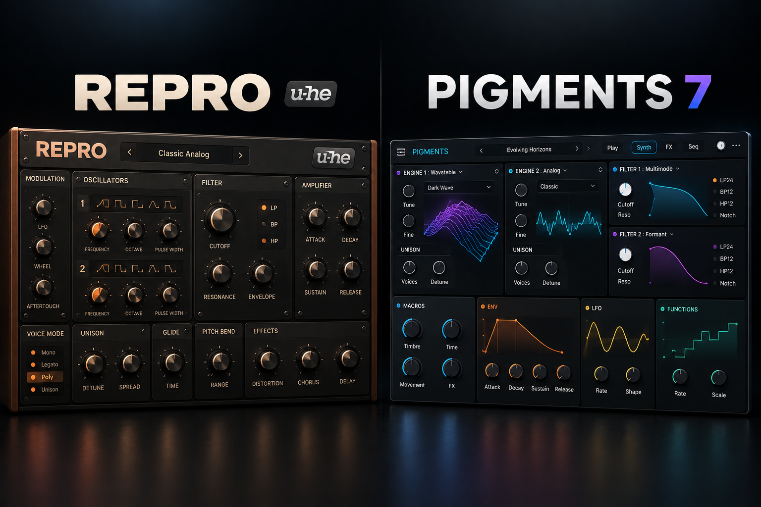 Dark editorial comparison of illustrated u-he Repro and Arturia Pigments 7 synth interfaces