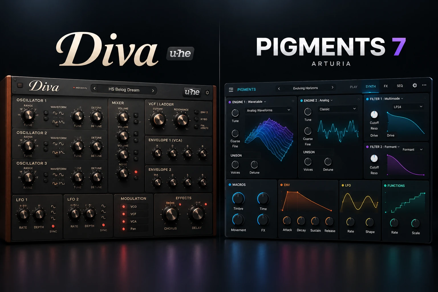 Dark illustrated Diva and Pigments 7 software synthesizer interfaces side by side