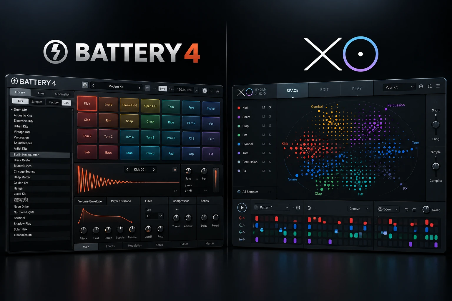 Dark editorial comparison illustration of Battery 4 drum sampler and XO visual sample browser interfaces