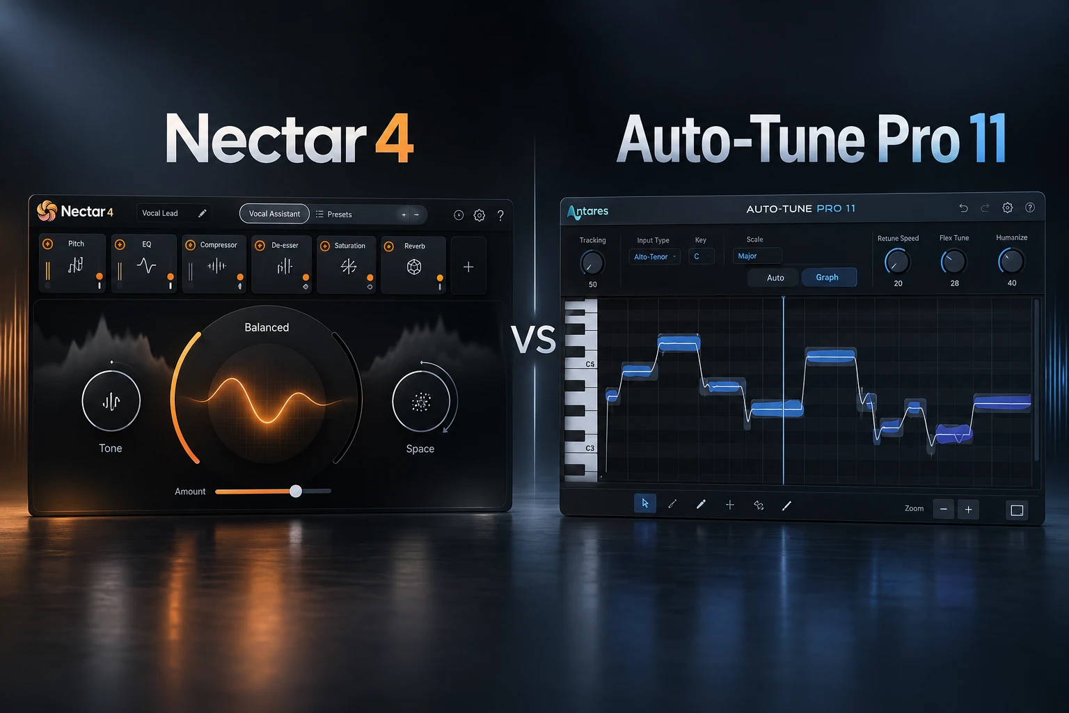 Illustrated Nectar 4 vocal chain and AutoTune Pro 11 pitch editor in a dark side-by-side comparison
