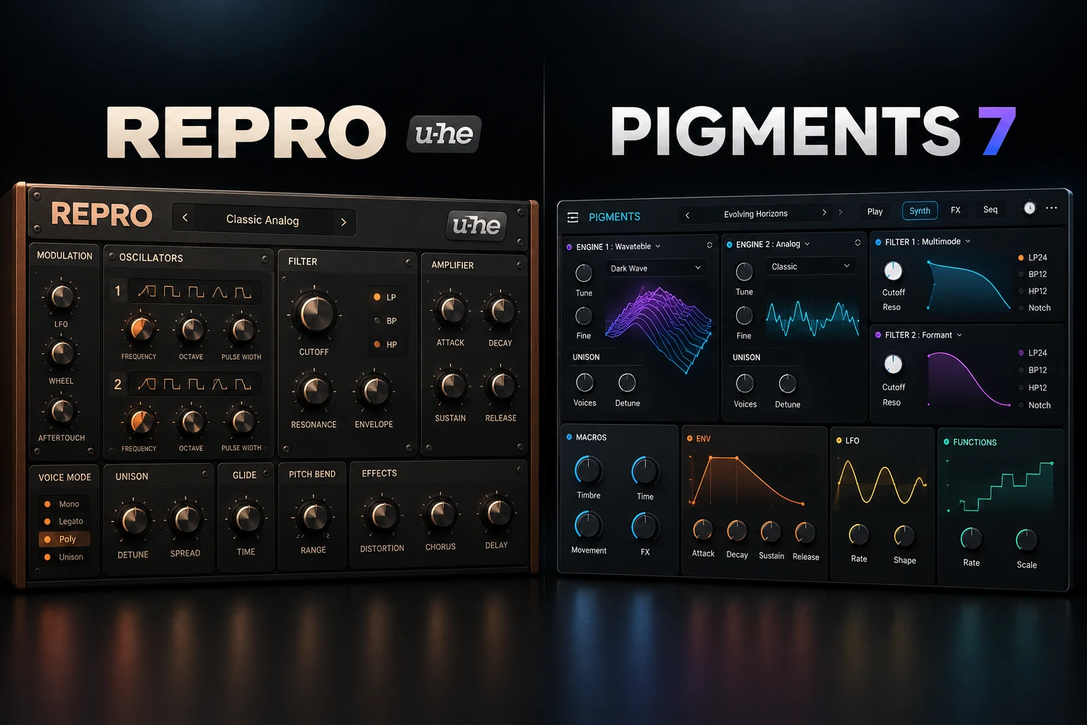 Dark editorial comparison of illustrated u-he Repro and Arturia Pigments 7 synth interfaces