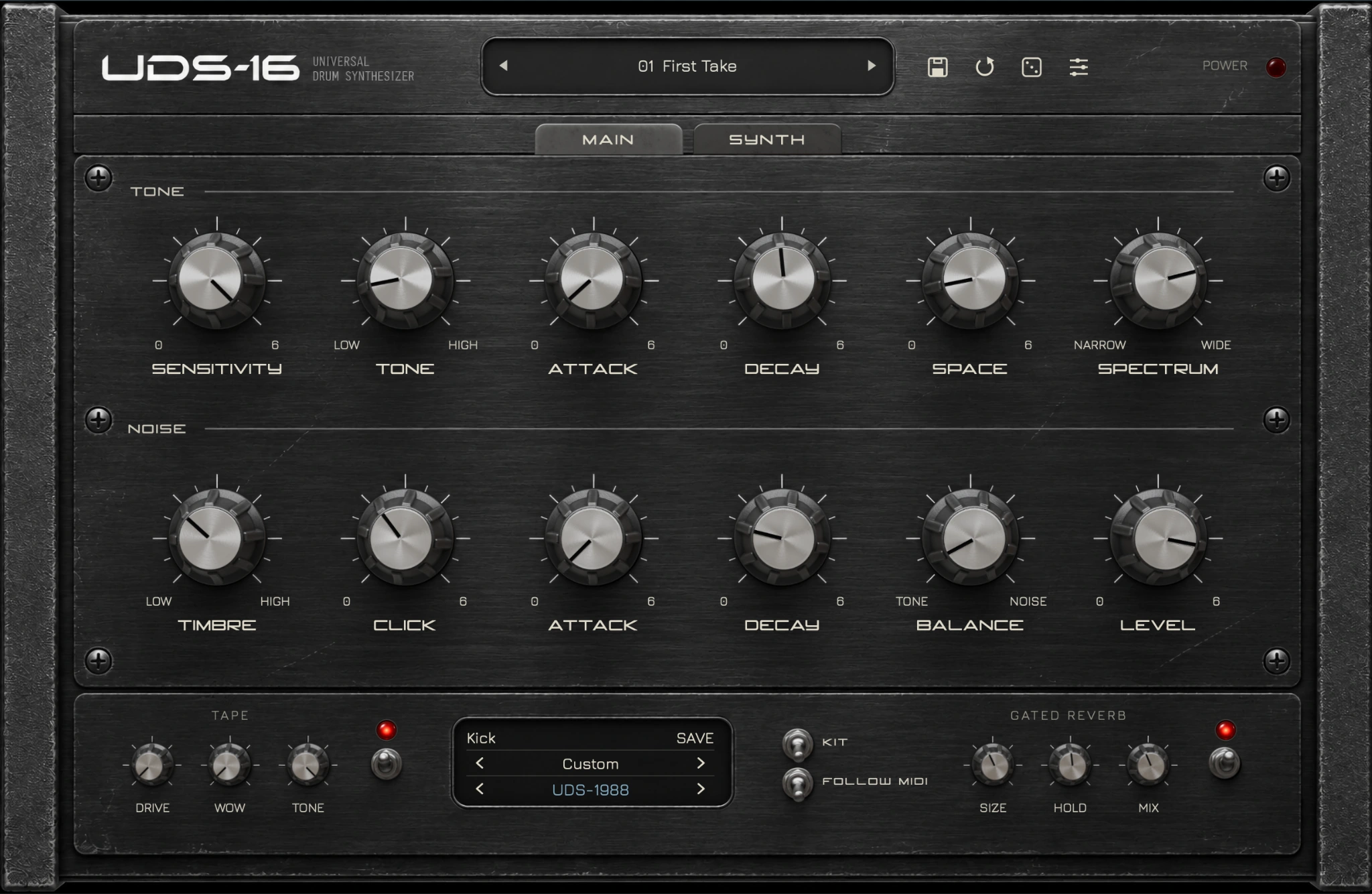 UDS-16 main interface showing the First Take preset, tone and noise envelopes, tape and gated reverb